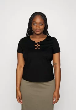 Curvy Front LaceT-Shirt Basic Black Donna T-shirt E Top AX821D06O-Q11